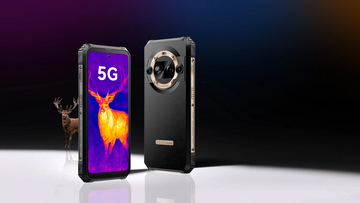 Smartphone with 5G indicator and thermal imaging display on a reflective surface with a dark background