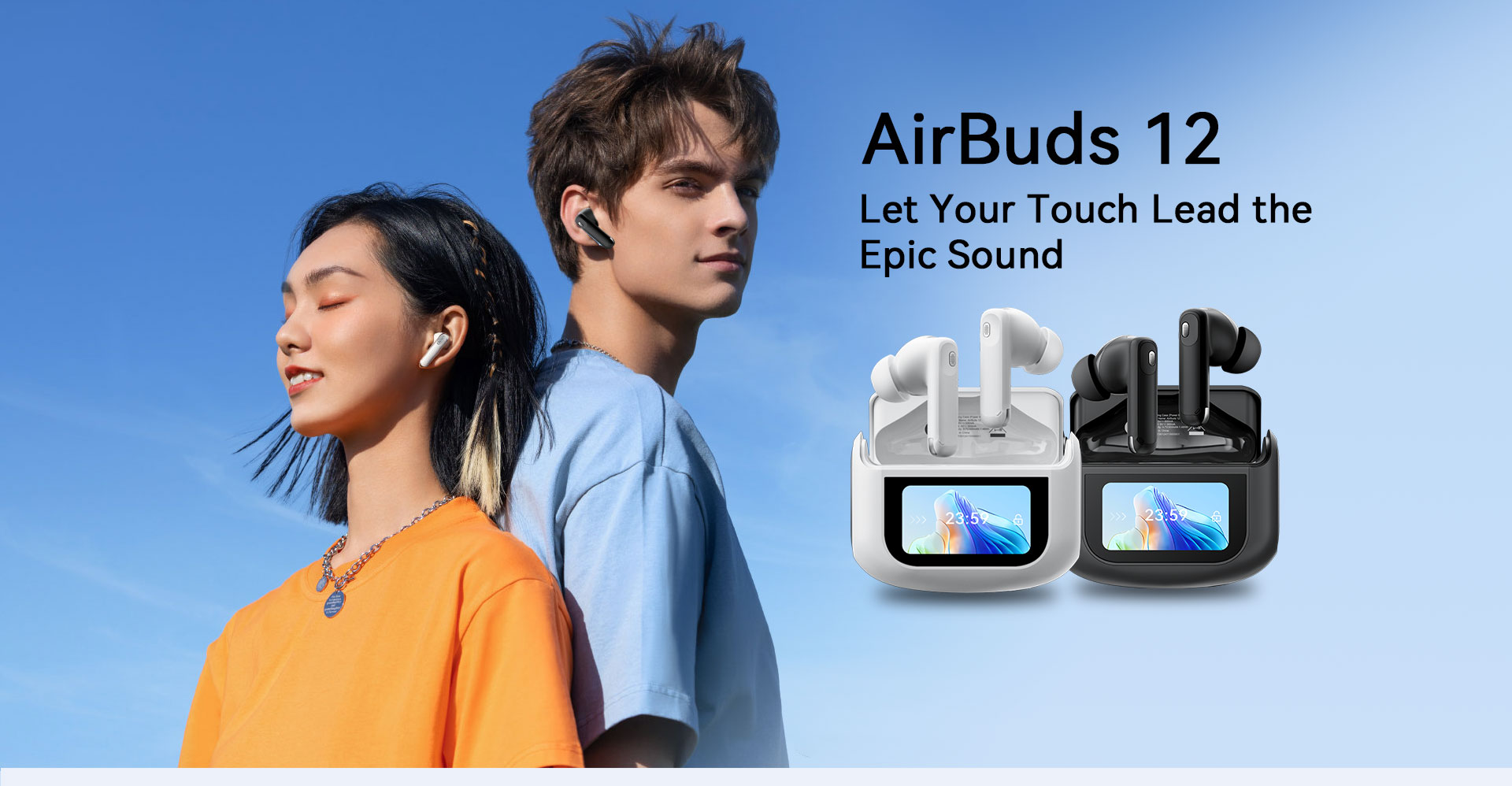 AirBuds 12 earbuds with charging cases on a blue backgroundslider_item_BQAtaw