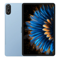 Smartphone with a blue and orange floral design on the screen, next to a light blue case.