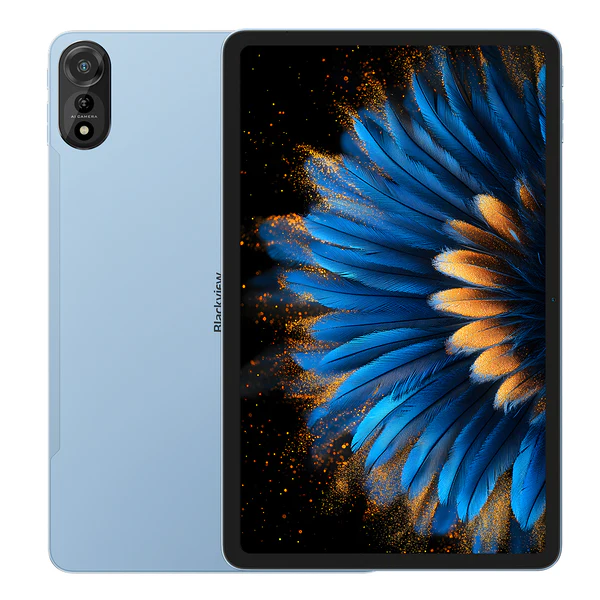 Smartphone with a blue and orange floral design on the screen, next to a light blue case.