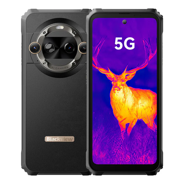 BlackView smartphone with 5G label and thermal imaging display on a white background
