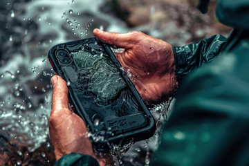 Person holding a phone with a rugged case underwater
