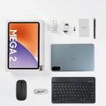 Tablet with accessories including keyboard, mouse, and power adapter on a white background