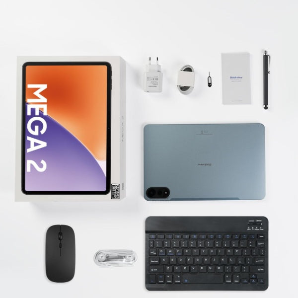 Tablet with accessories including keyboard, mouse, and power adapter on a white background